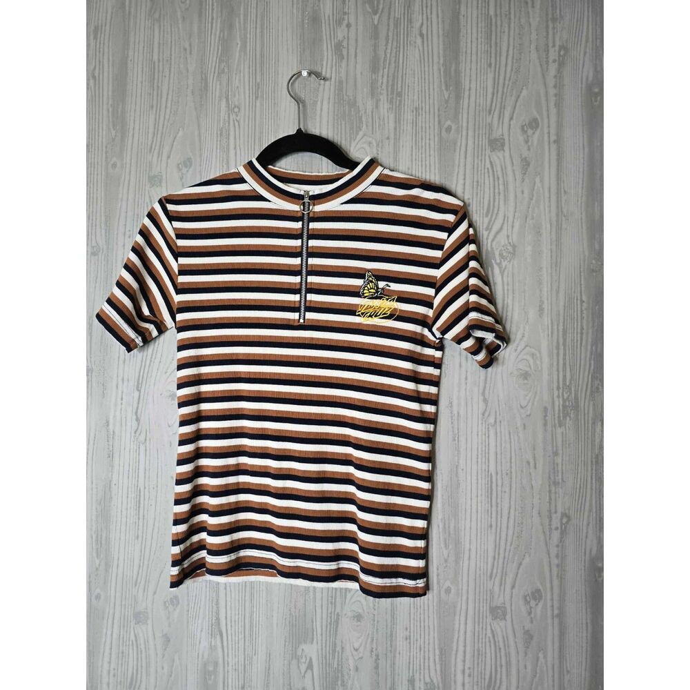 Santa Cruz Striped Ribbed Zip Polo Top | Y2K Indie Butterfly Embroidery M